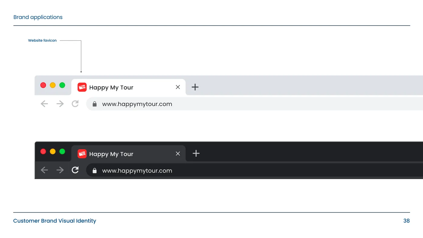 Happy My Tour favicon in light and dark browser tabs