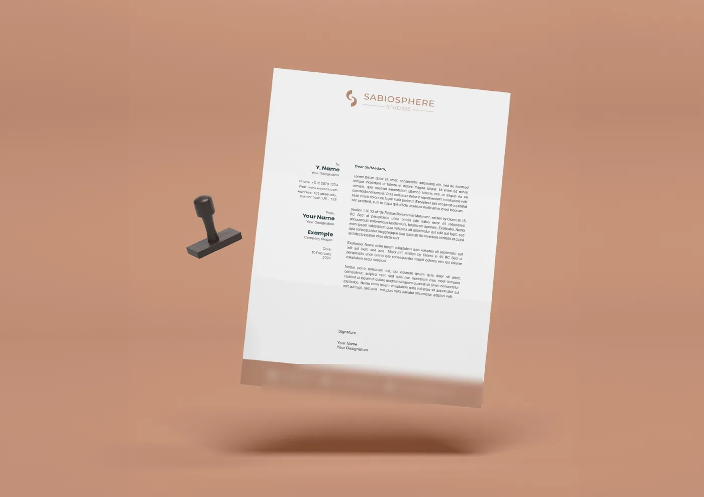 Sabio Sphere Studios letterhead floating beside a rubber stamp