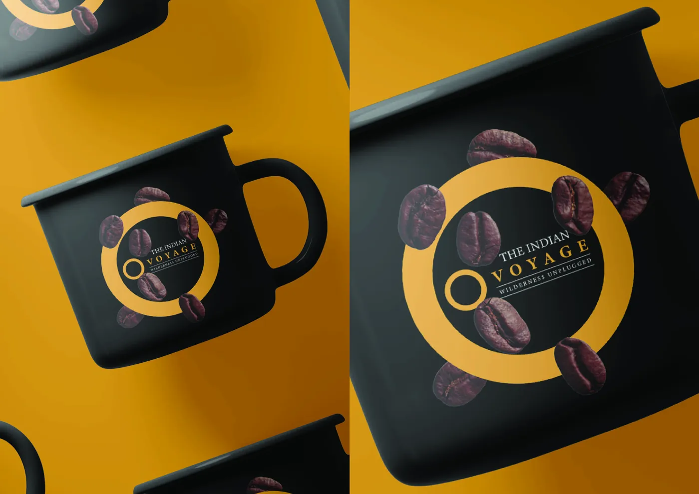 Black enamel mugs with the ring logo among coffee beans