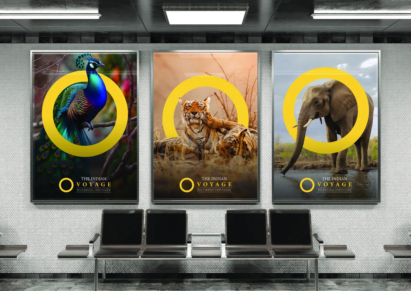 Three posters with a peacock, a tiger and an elephant inside the yellow ring